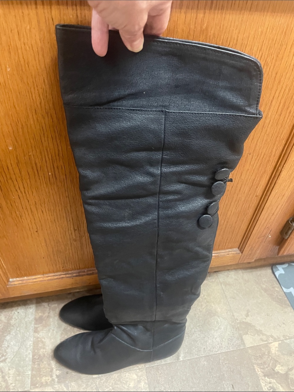 Black Knee-High Boots with Button Tie Detail